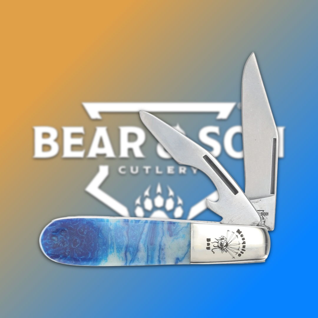 A multi-blade pocket knife with a colorful handle and logo background.