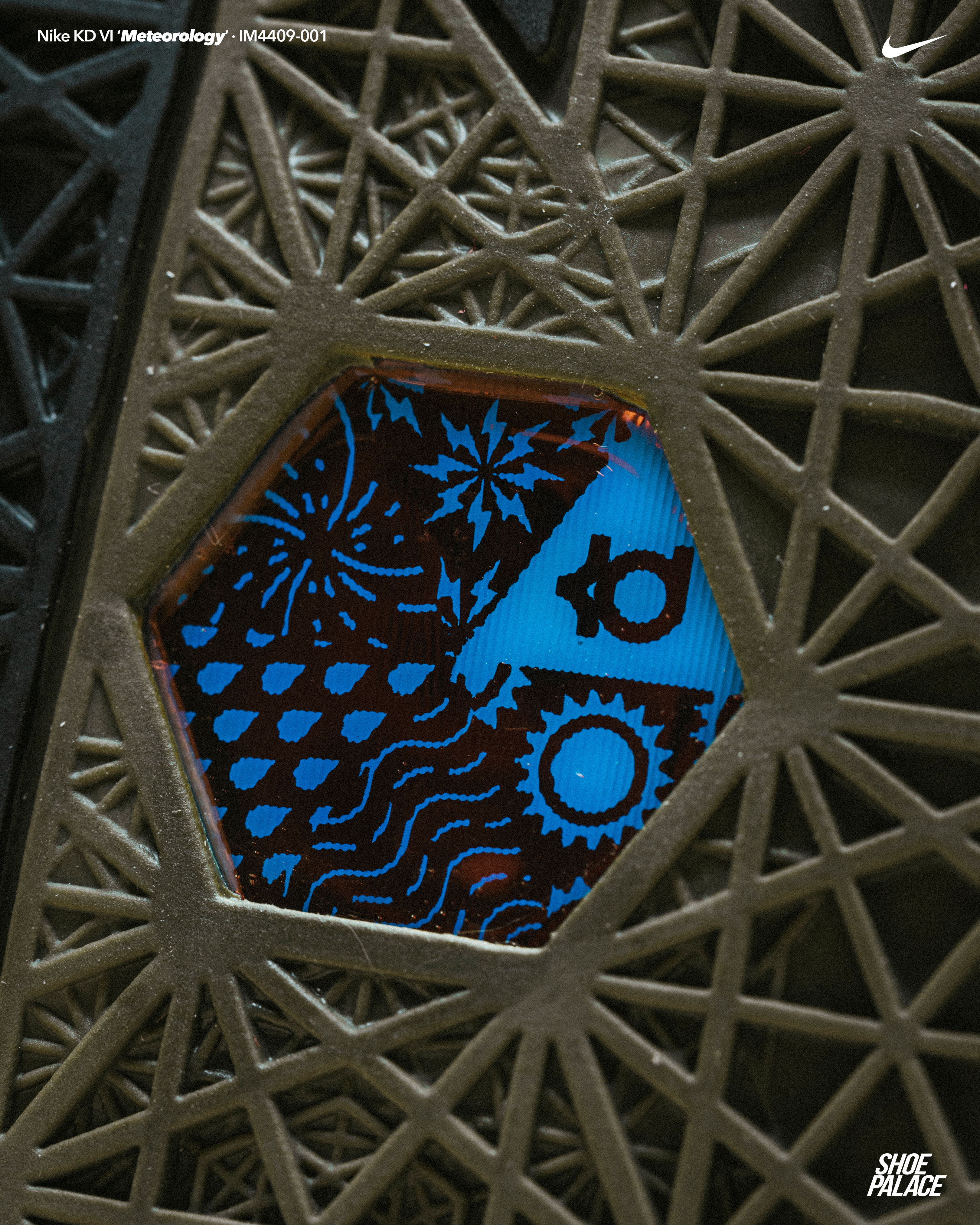 Hexagonal pattern with blue design elements and textures.