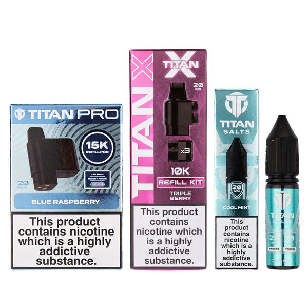 A picture of Titan pods and nicotine salts grouped together.