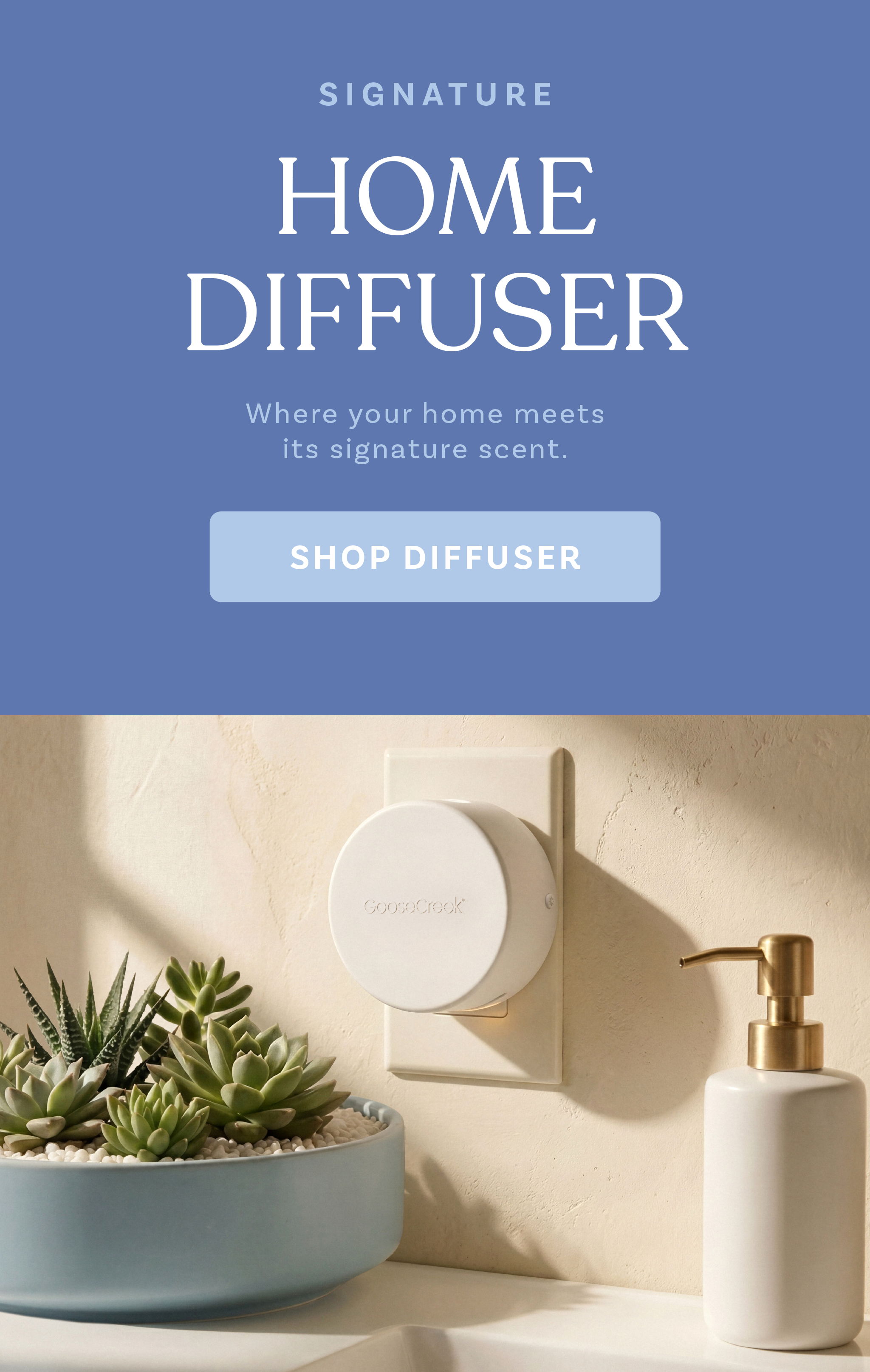 Home diffuser displayed with plants and a pump bottle. Shop now.