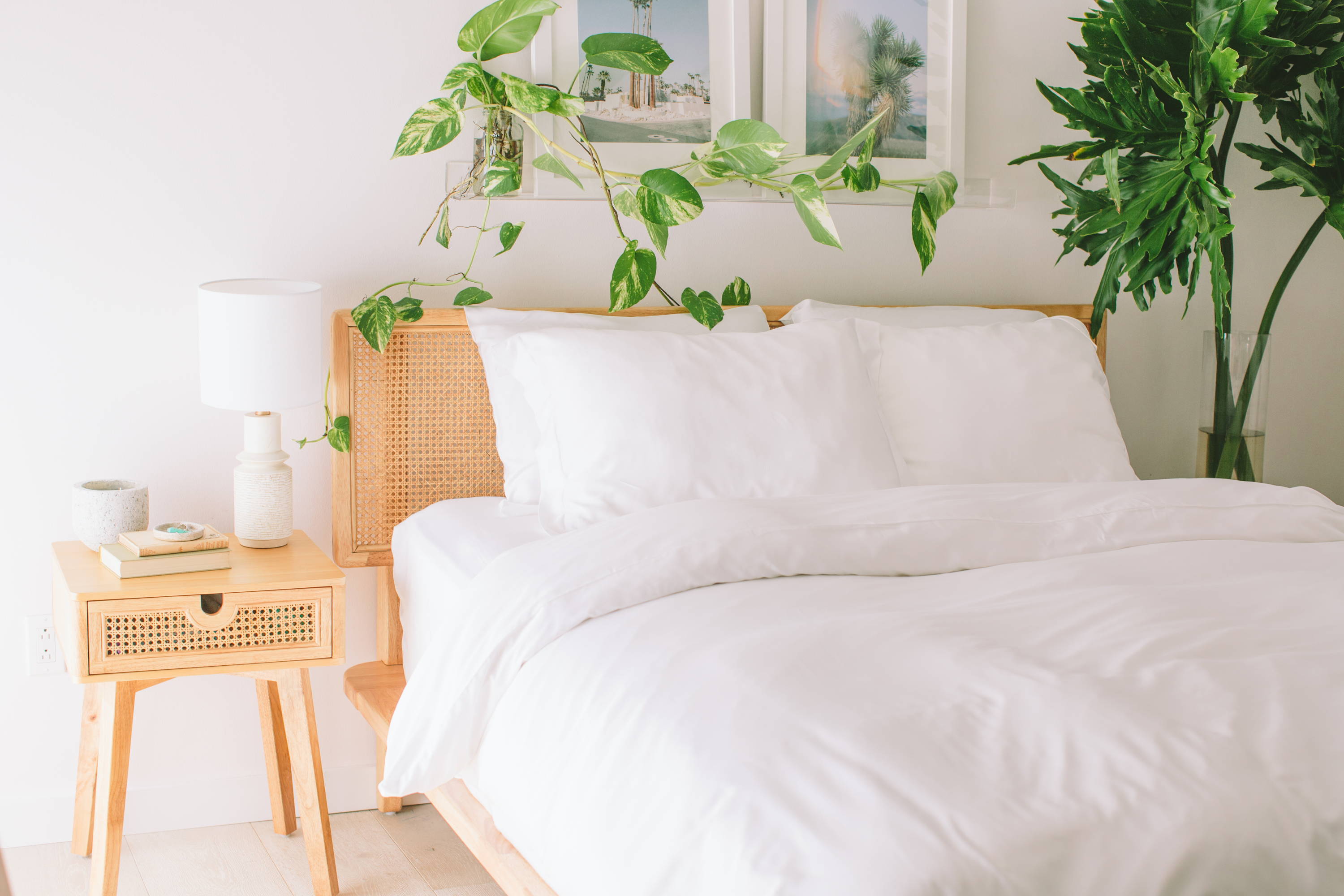An airy bedroom with green plants and the nest bedding white sateen organic cotton duvet set