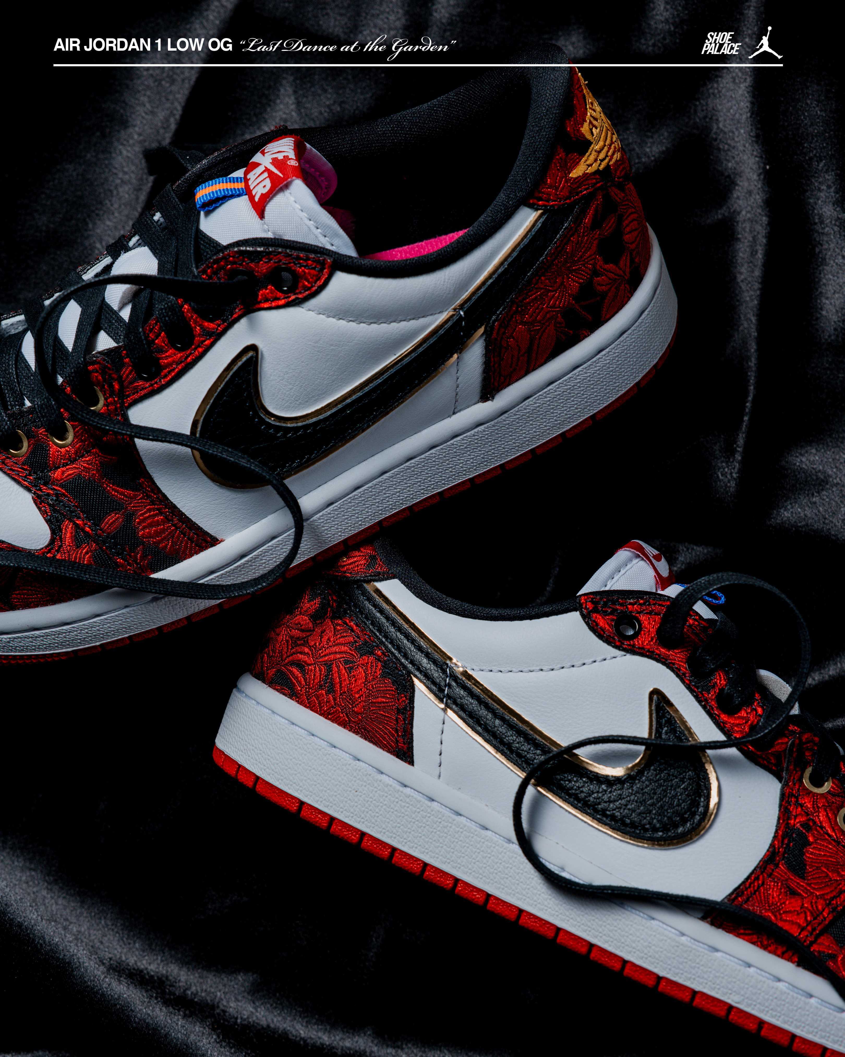 A pair of stylish Nike Air Jordan sneakers on a dark surface.