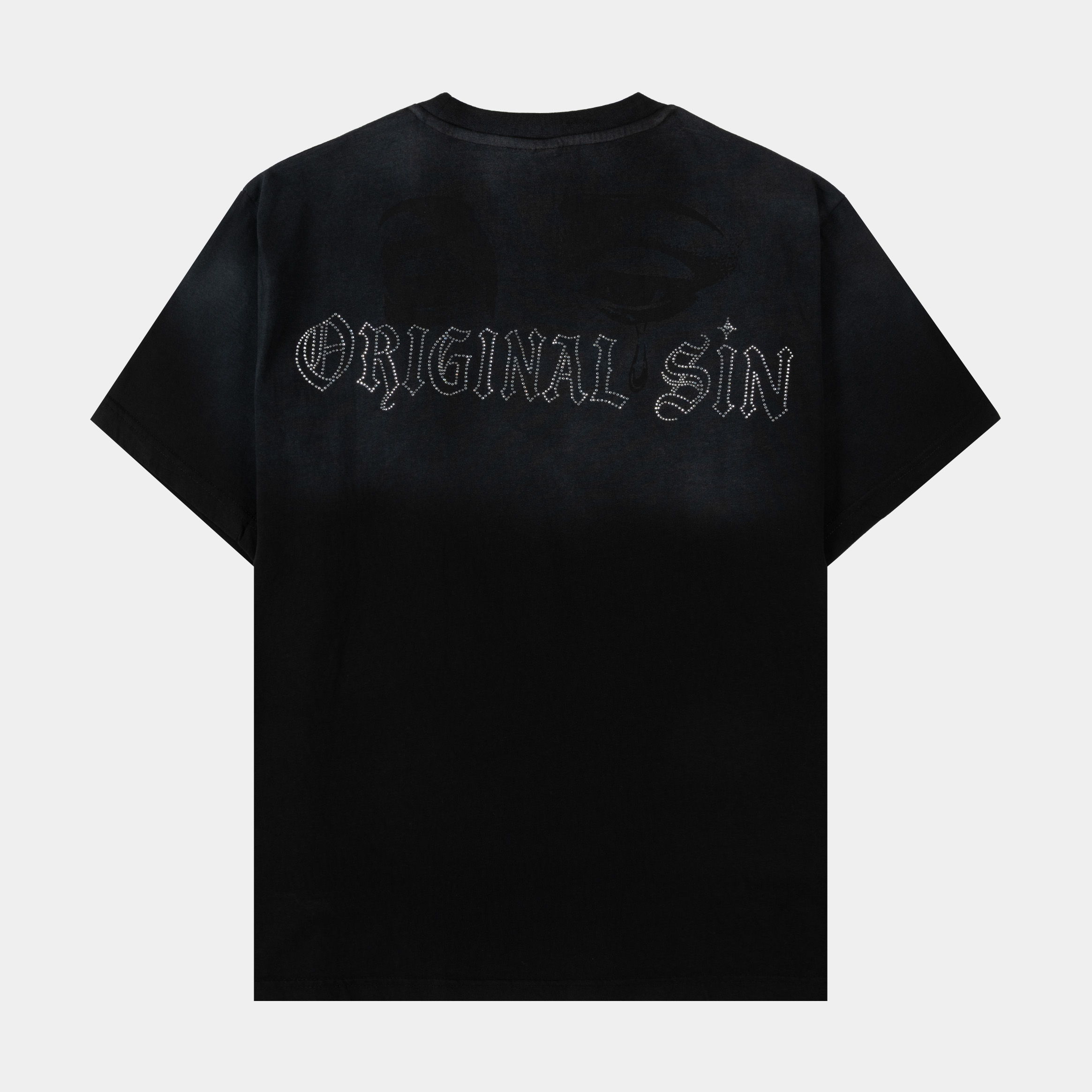 Black gradient t-shirt with a logo on the chest.