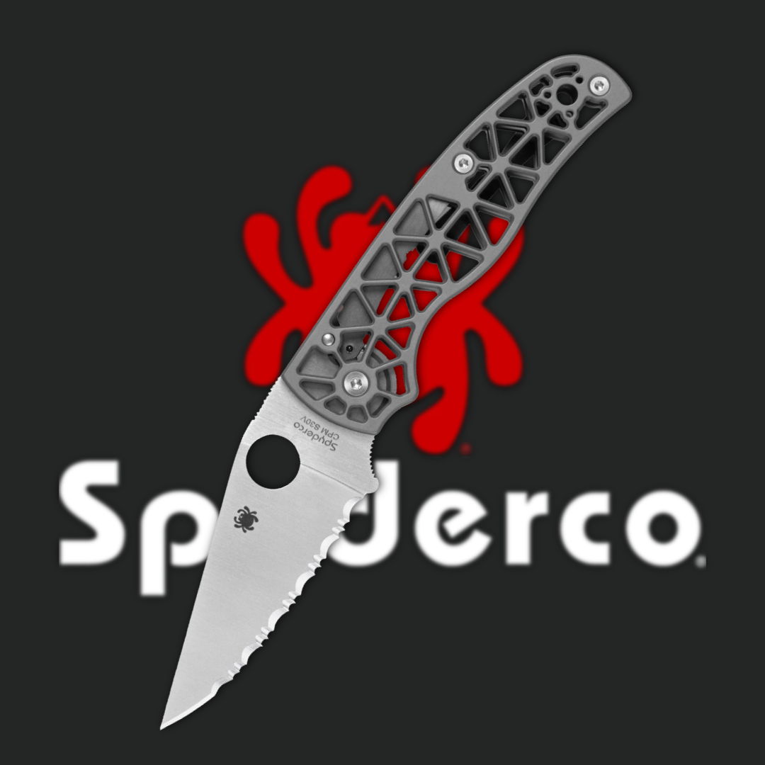 A folding knife with a gray handle and a logo in the background.