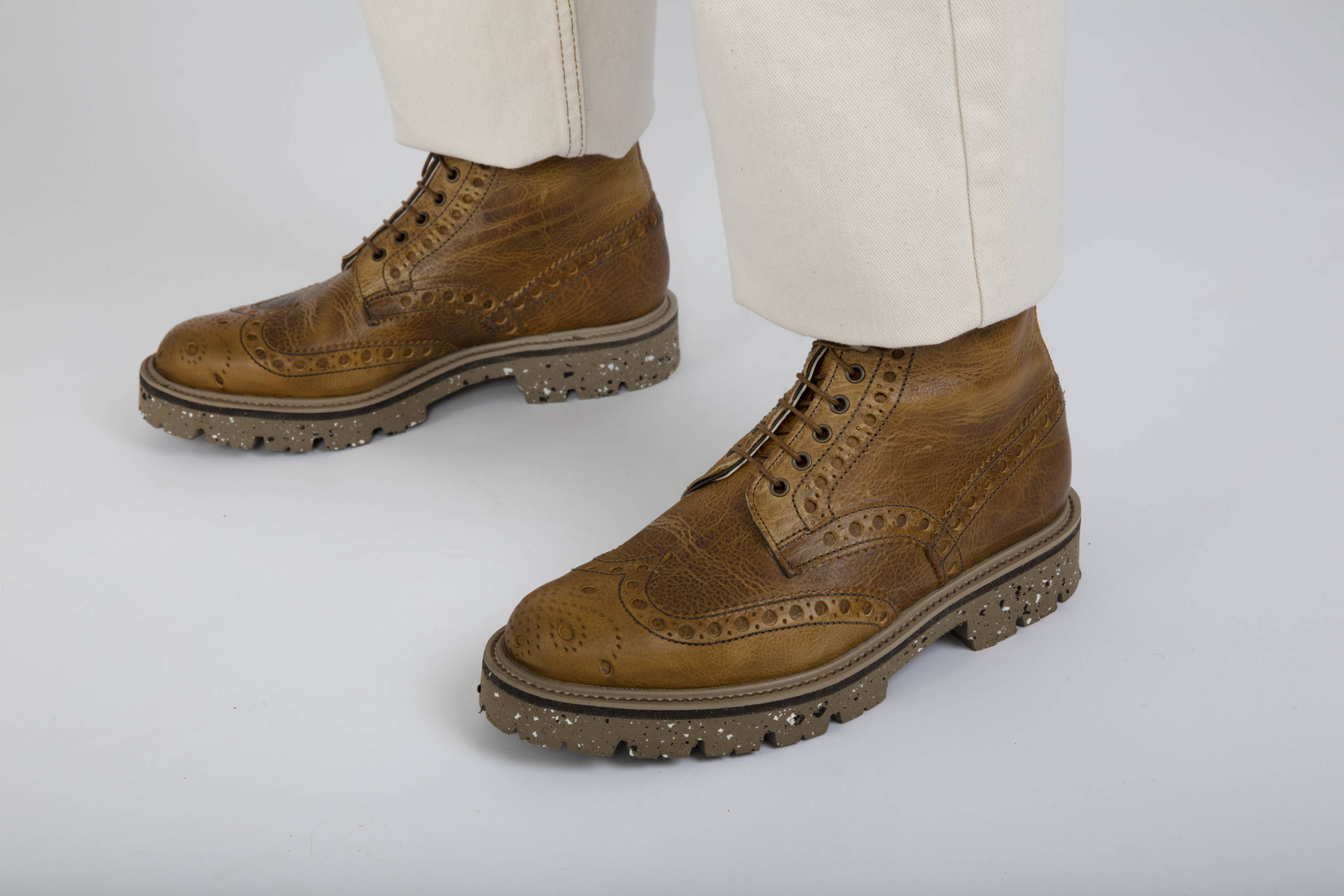 Grenson Fred. Mens Brogue Boots in Olive Tanned Sustainable Leather.