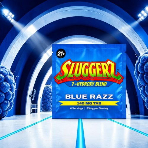 Packaging of Sluggerz Blue Razz 500 mg THC product on a blue background.