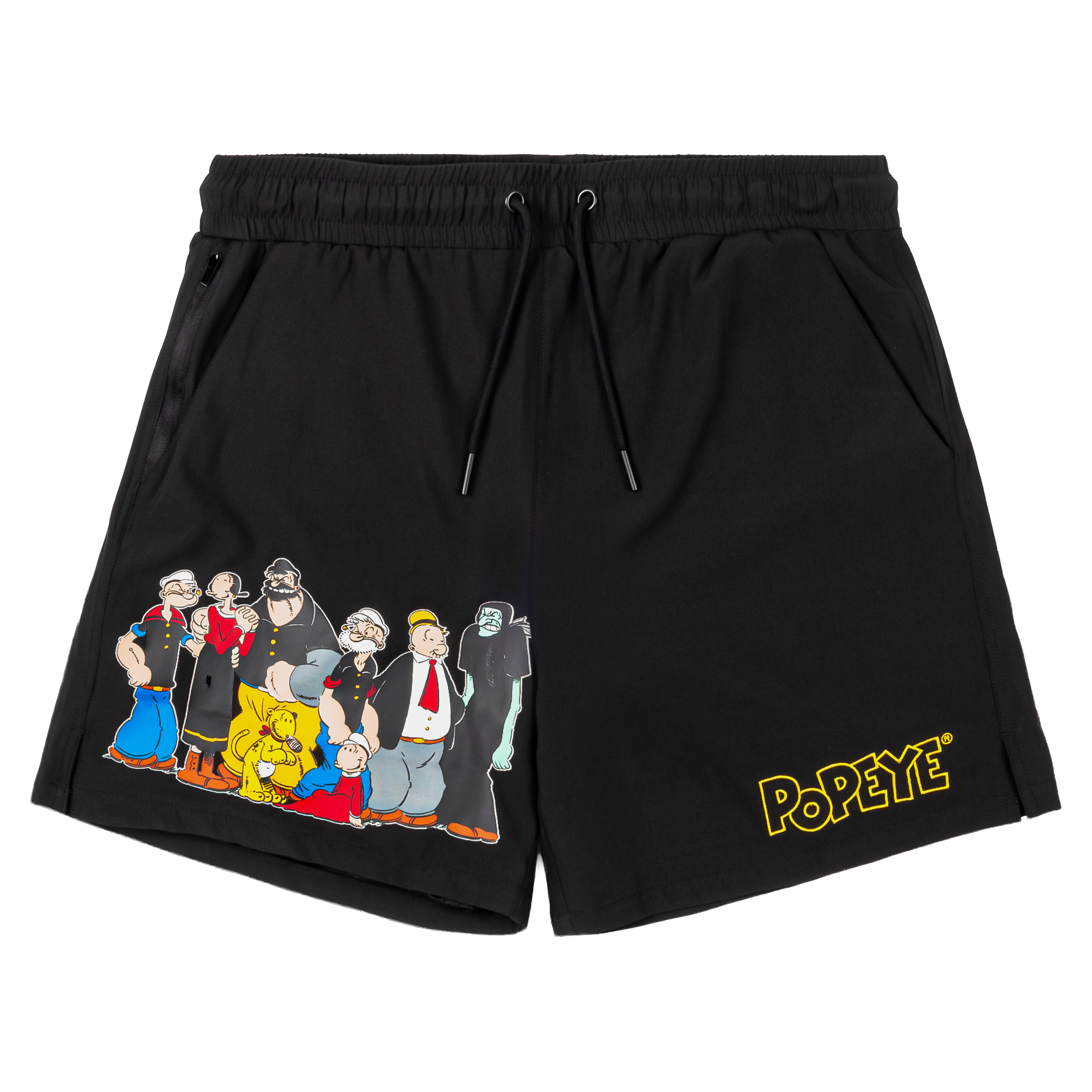 Black shorts featuring cartoon characters and 