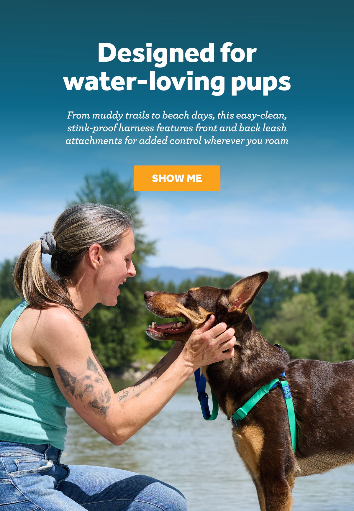 Woman playing with a dog near water, promoting waterproof pet gear.