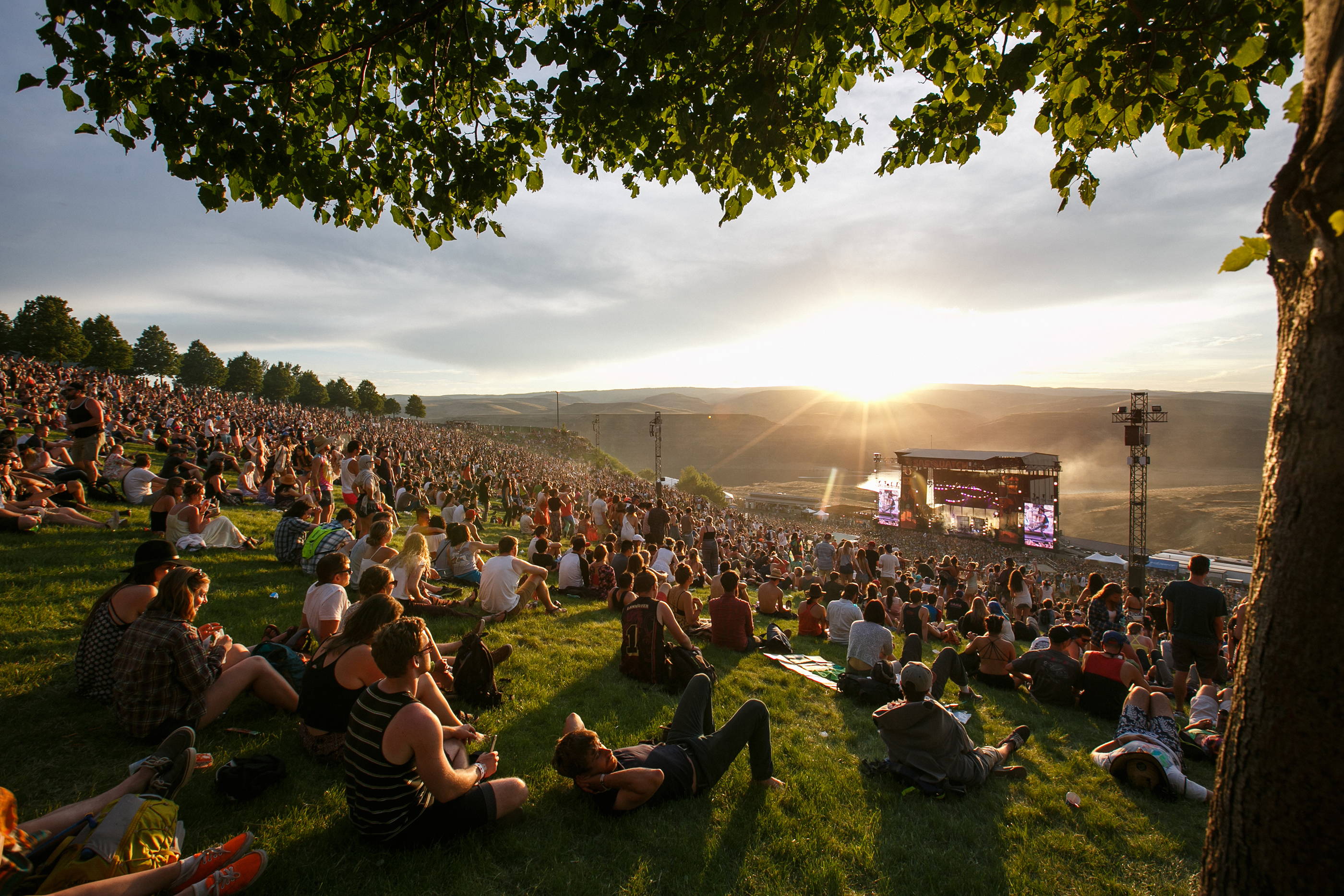 Crowd sitting on grass at music festival in valley