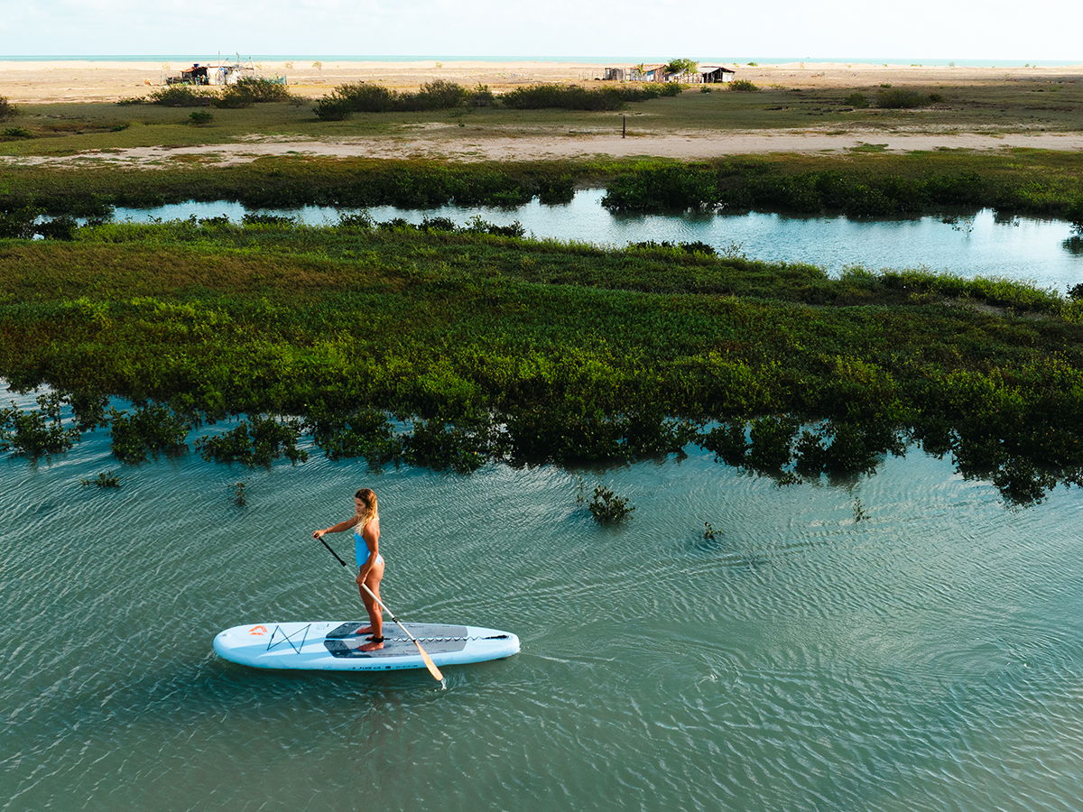 Person paddleboarding on calm water near a beach and greenery.