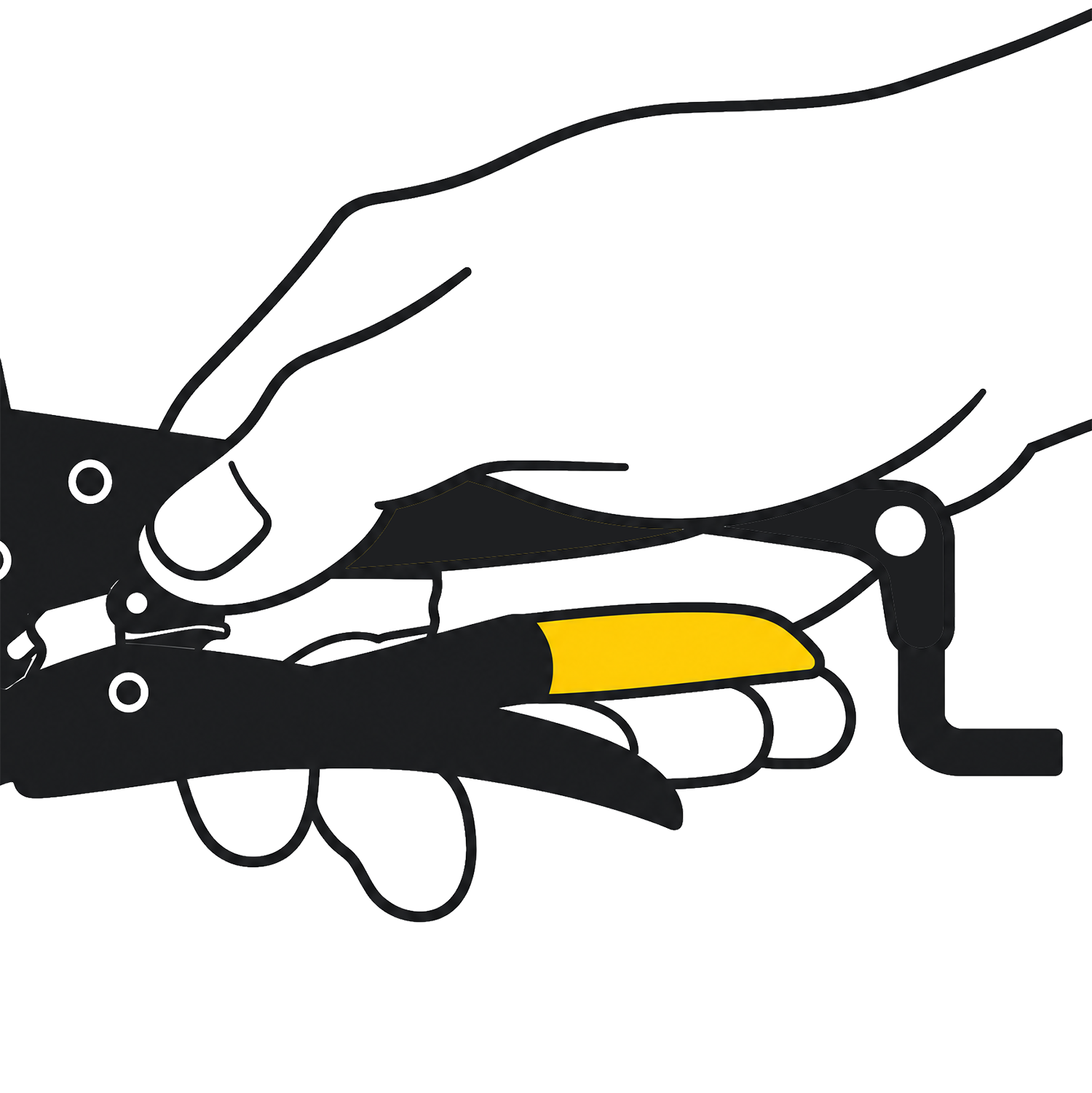 Hand using a tool with a yellow handle and black components.