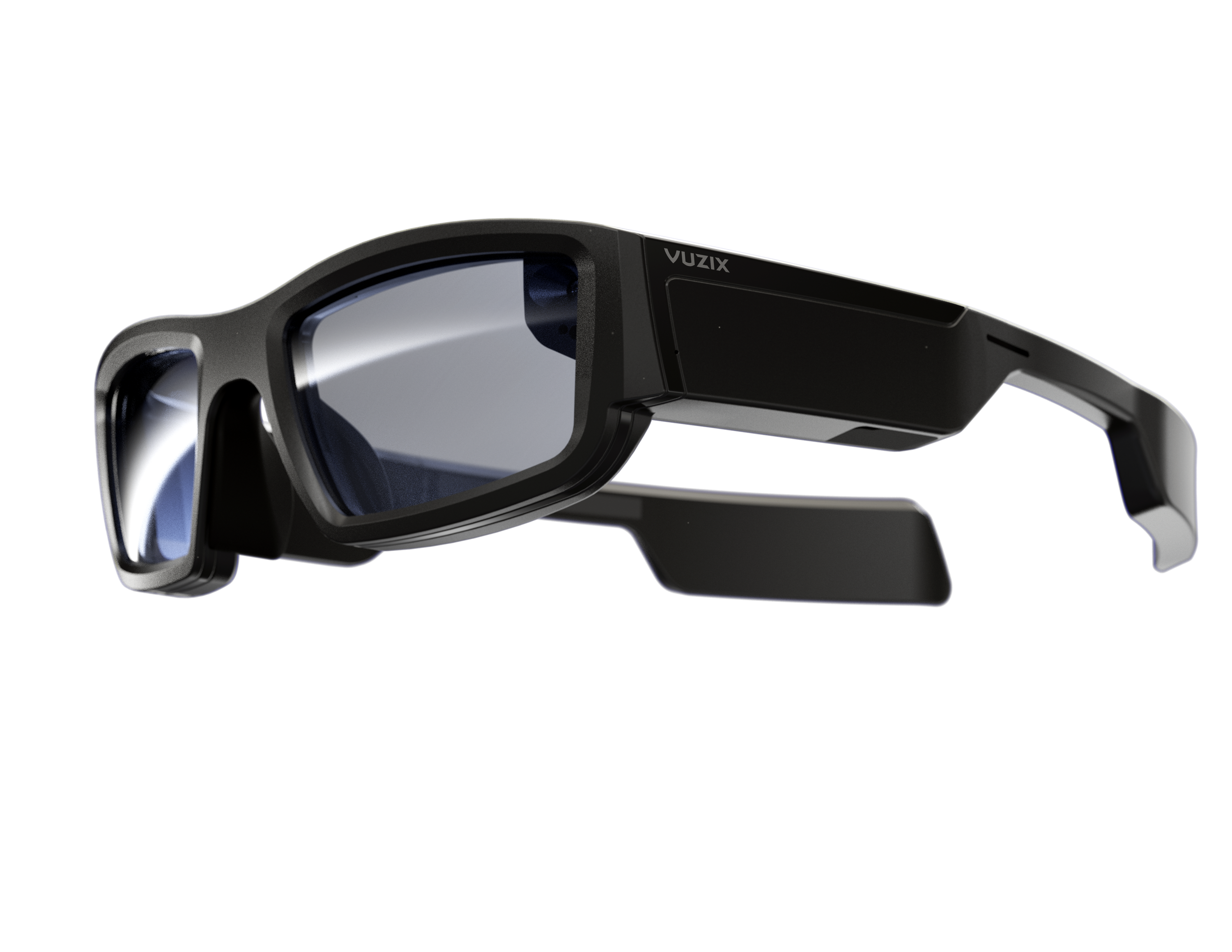 Angled side view of the heads-up, hands-free Vuzix Blade smart glasses with the lenses facing left.