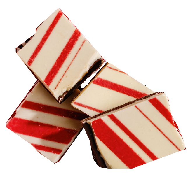 Pieces of peppermint bark with red and white striped design.