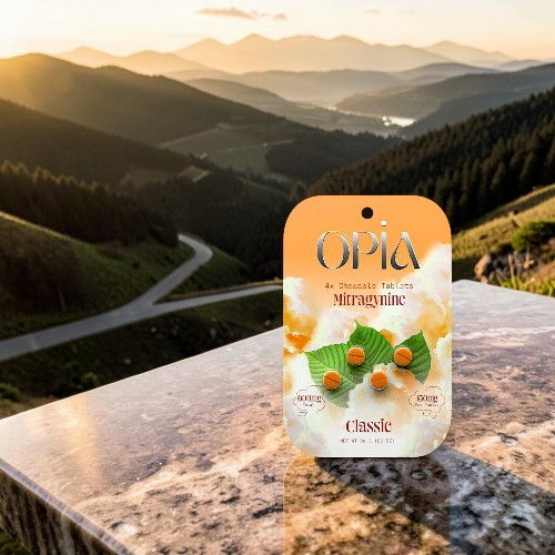 A product package in a scenic mountain landscape at sunset.