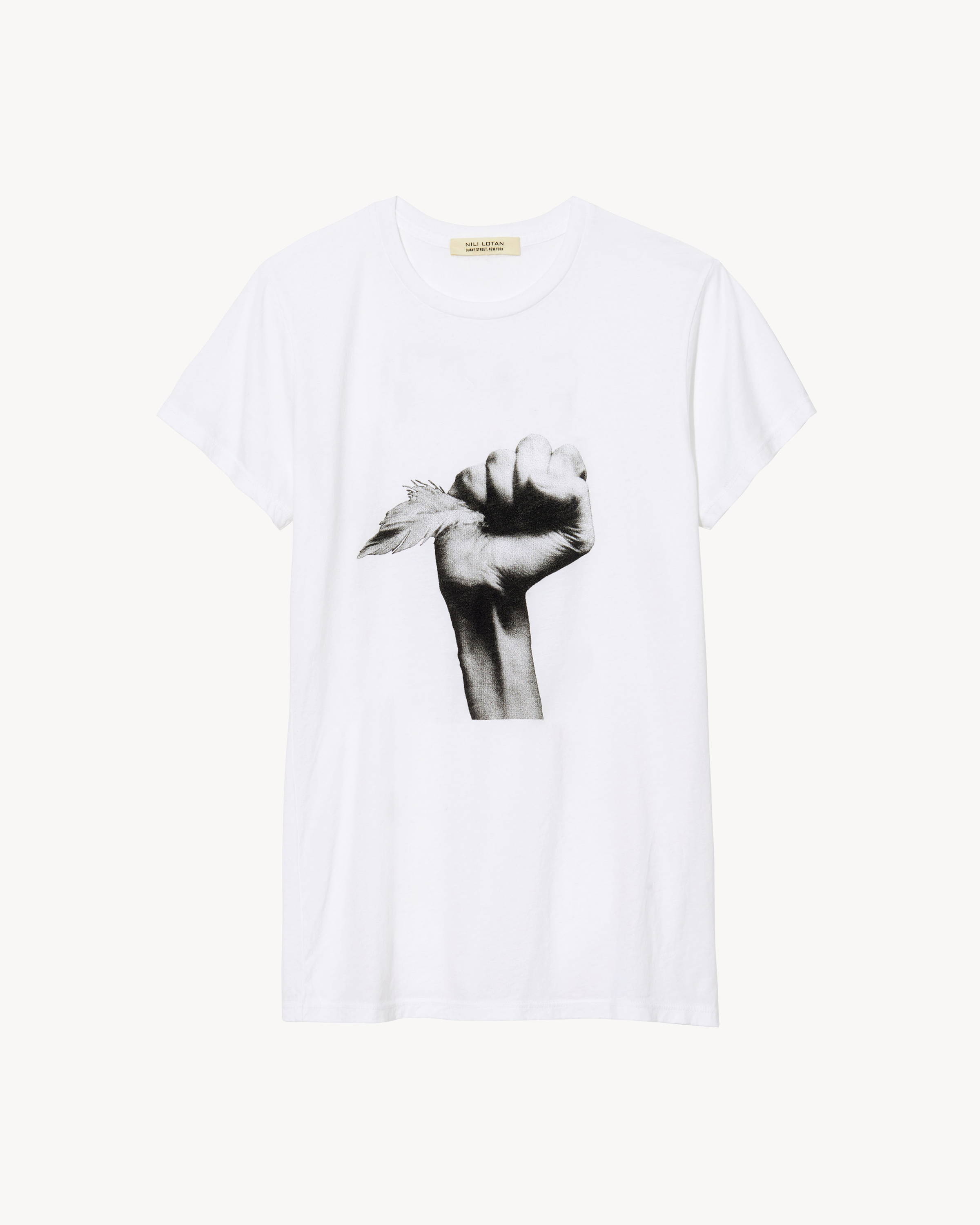 A white tee with a black and white image of a hand holding a feather.