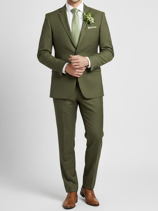 Groomsman wearing an olive suit with a sage green tie