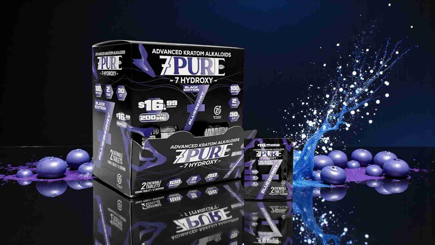 Box of dietary supplement with purple spheres and water splash on a dark background.