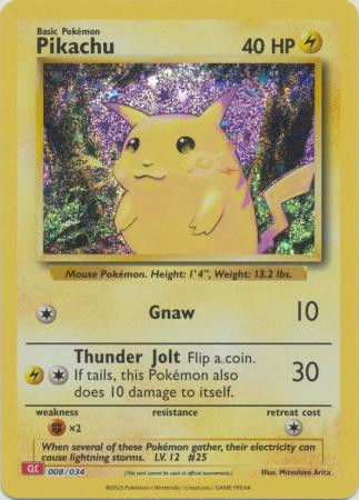 Pikachu Pokémon card with abilities and background illustration.