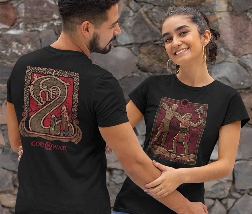 Male  and female models wearing God of War tees