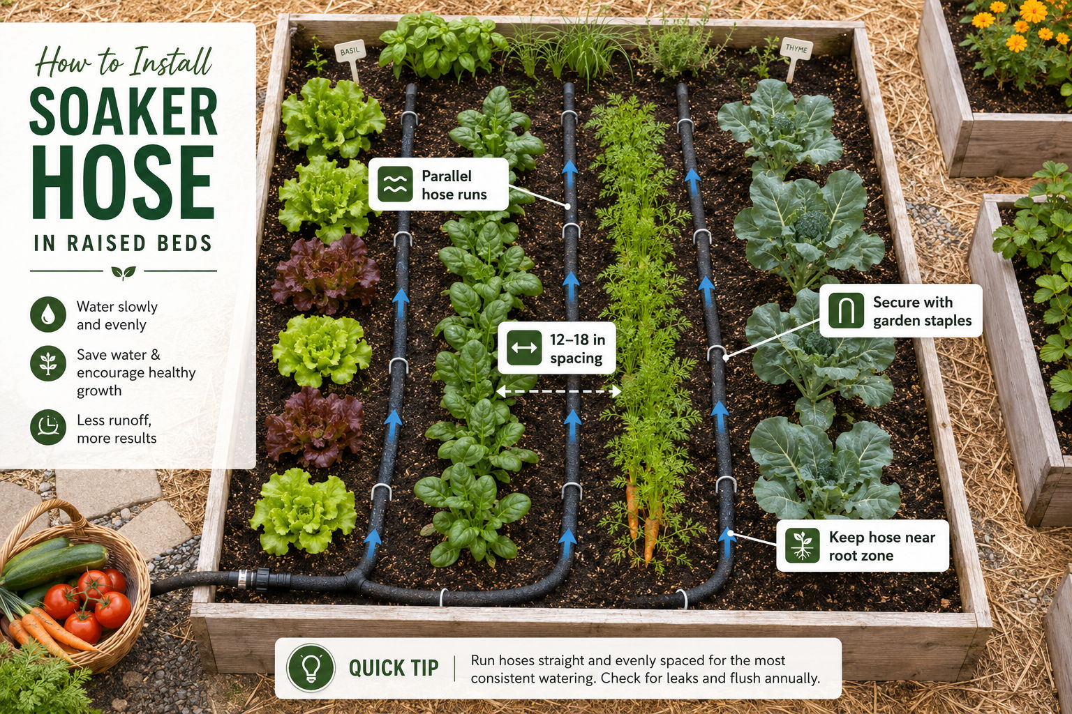 Diagram showing how to install a soaker hose in raised beds.
