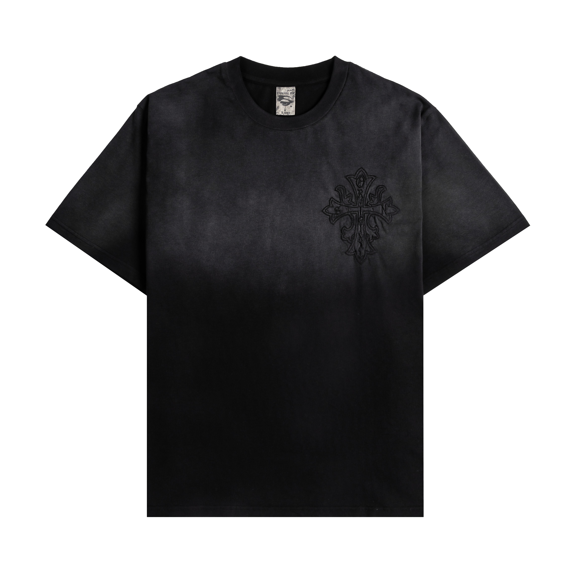 Black t-shirt with a subtle graphic design on the front.