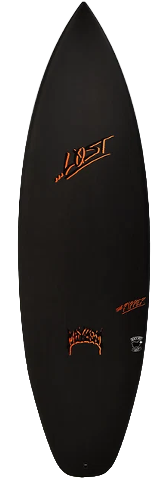 Black surfboard with orange logo and designs.