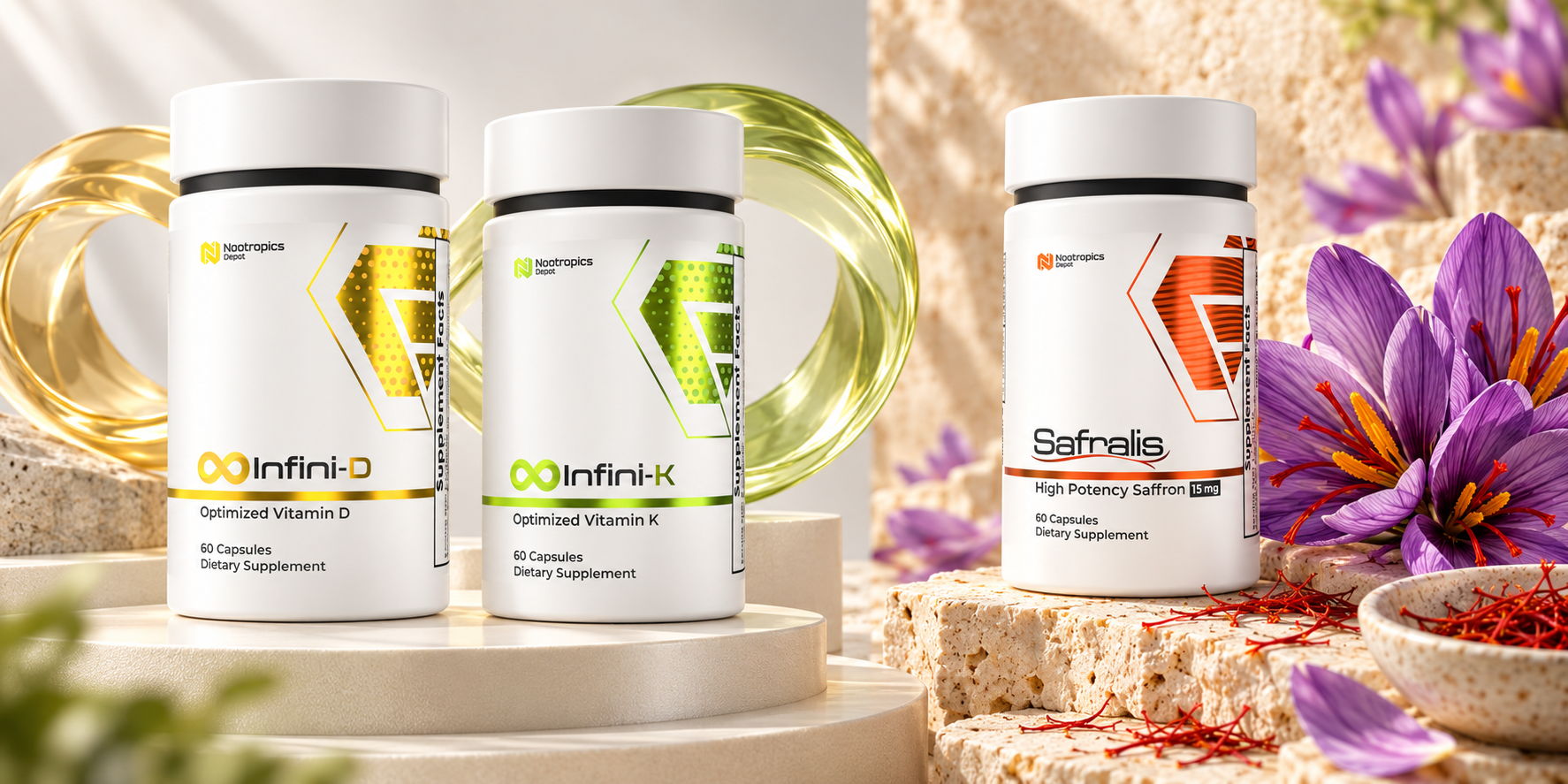 Three supplement bottles with colorful labels surrounded by flowers and decorative elements.