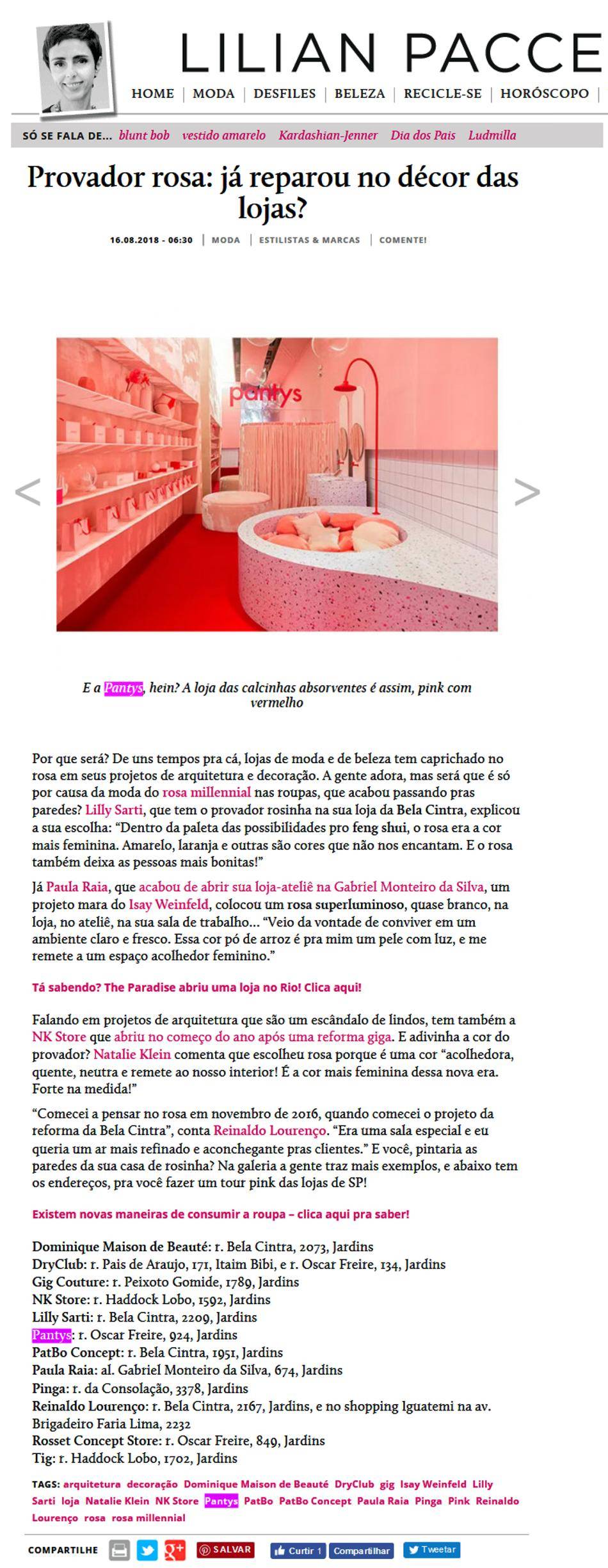 Pagina do site Lilian Pacce mostrando um banheiro com o interior rosa.