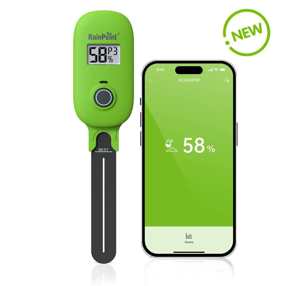 Green humidity sensor device next to a smartphone displaying humidity level.