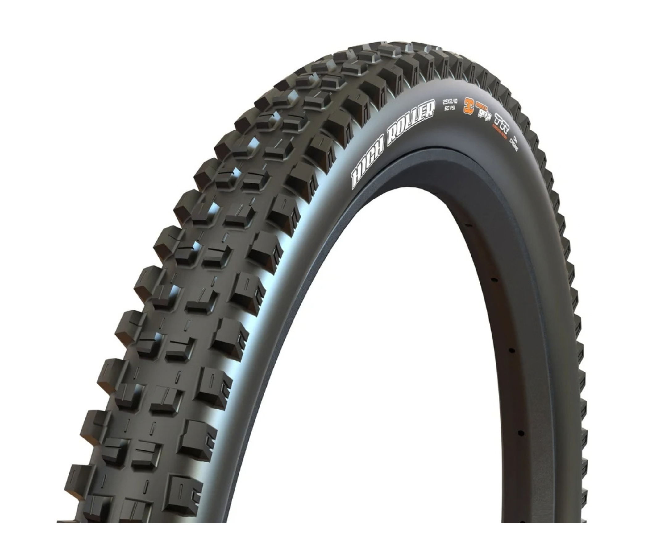 Mountain bike tire with a rugged tread design.