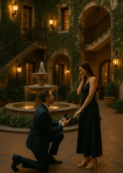 Romantic courtyard proposal at The Whitehall Houston during sunset