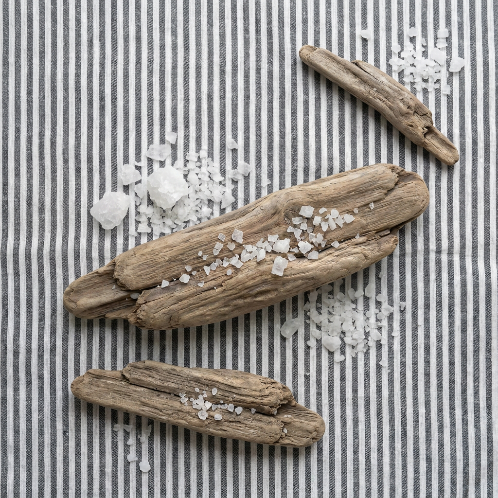 Driftwood pieces with salt on a striped fabric background.