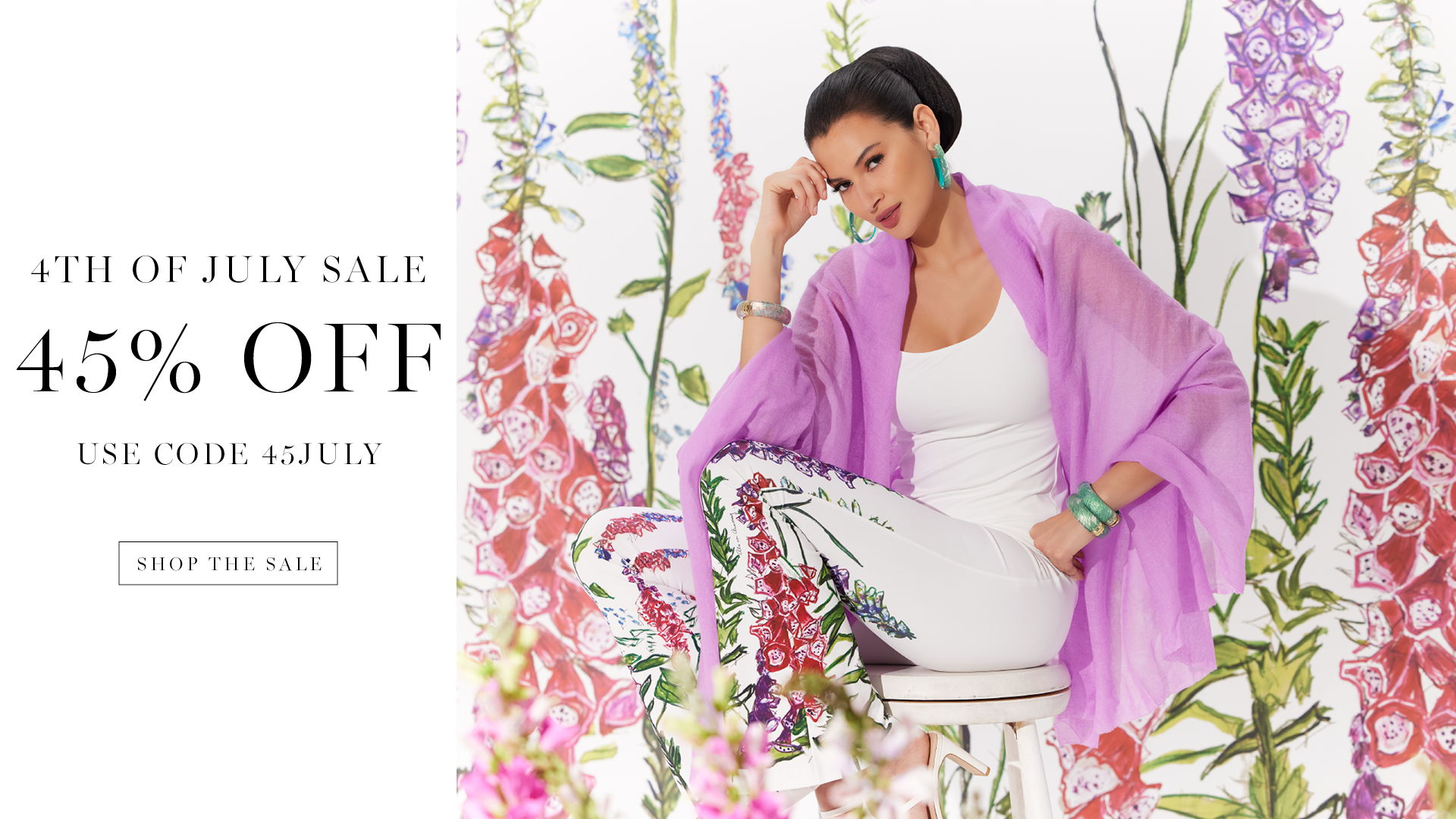 Model promoting a July sale with floral background and discount text.