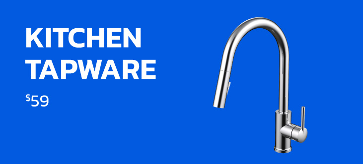 Kitchen tapware with a modern design on a blue background.