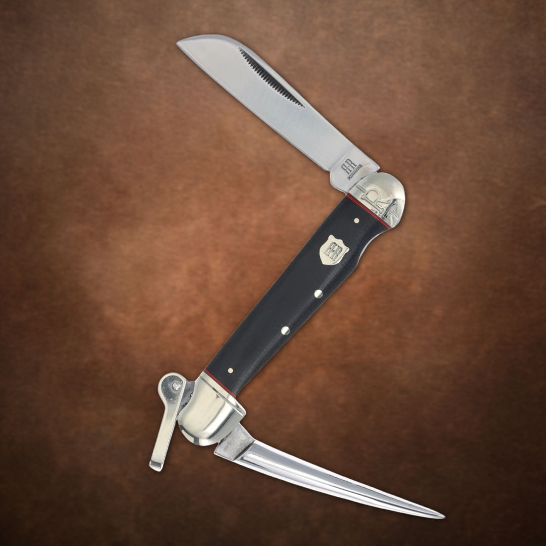 A folding knife with a black handle and two blades.