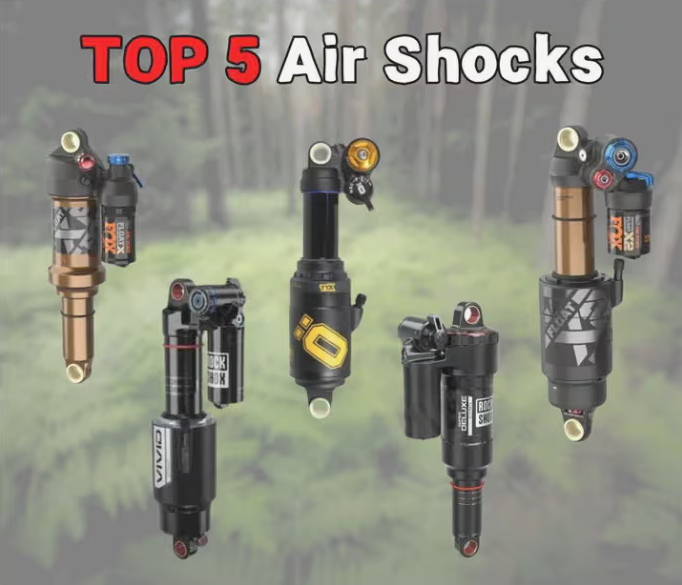 top 5 mtb air shocks text with 5 mtb shocks including the fox float x float x2 ohlins ttx2air rockshox vivid and super deluxe ultimate