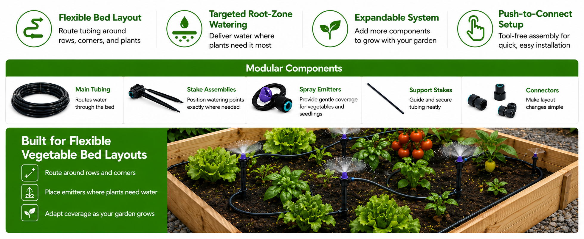 Illustration of modular components for flexible vegetable garden layouts.