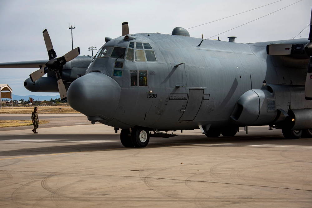 A U.S. Air Force EC-130H Compass Call parks on the runway at Davis-Monthan Air Force Base, Arizona, Feb. 28, 2022. The Compass Call program celebrated 40 years of service in October 2021. (U.S. Air Force photo by Senior Airman Alex Miller)