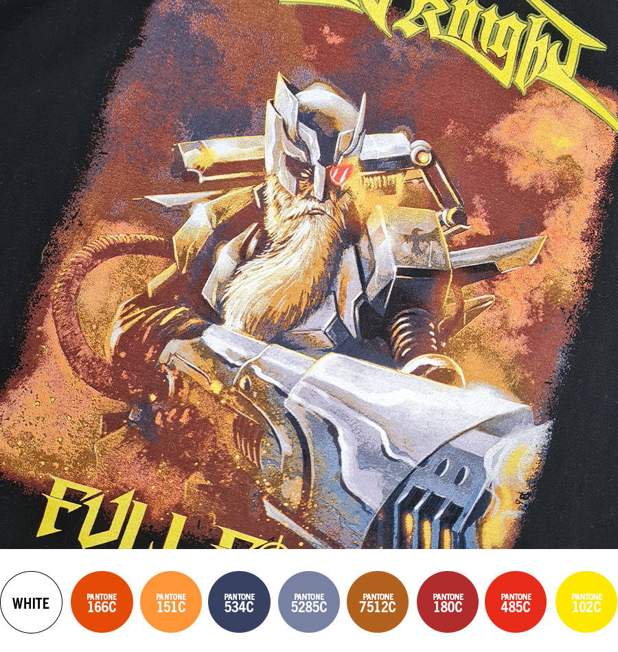9 colour Index screen printed design of a fantasy style knight with long beard pointing a giant sci-fi style gun, by the artist 'All Things Rotten' for album Full Force - by the metal band Silent Knight. The knight's sci-fi style armour is predominantly dark blue and grey with white highlights and orange / yellow reflections creating a chrome effect to mimic metal. The background is a blend of smokey graduations of dark blue, deep ochre red and orange with distressed texture communicating an apocolyptic setting. The band name 'Silent Knight' is printed at the top of the design in yellow gothic style font and album name 'Full Force' is printed in yellow at the bottom. The 9 colours used to create the print are shown below on corresponding coloured circles. White, Pantone 166c, Pantone 151c, Pantone 534c, Pantone 7512c, Pantone 180c, Pantone 485c, Pantone 102c.