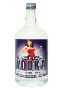 Bottle of Durty Gurl Vodka with a woman in a red dress.