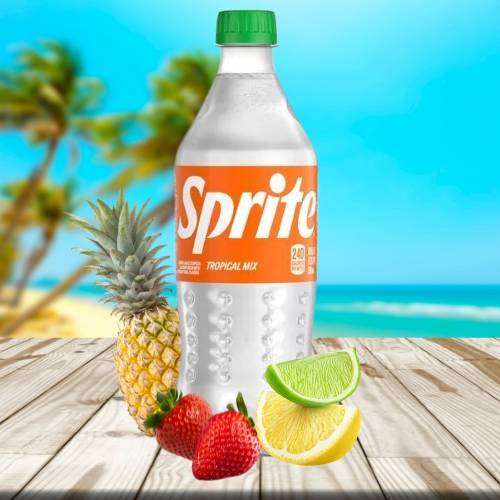 Tropical mix sprite on a beach platform with fruits around it 