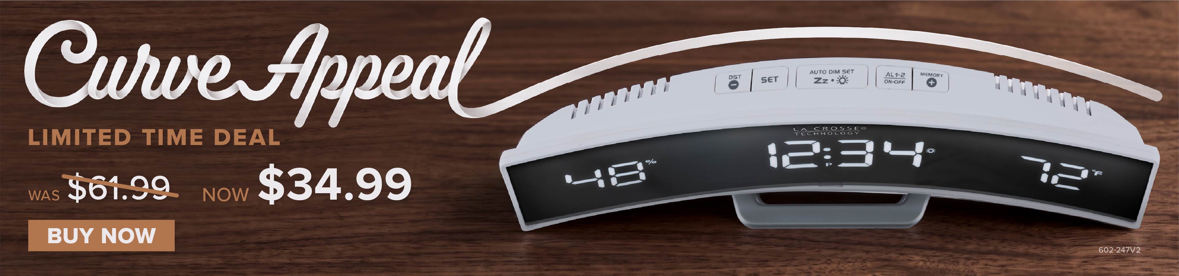 Curve Appeal, Limited Time Deal on the 602-247v2 Curved Mirror LED Alarm Clock, originally $61.99, now $34.99.
