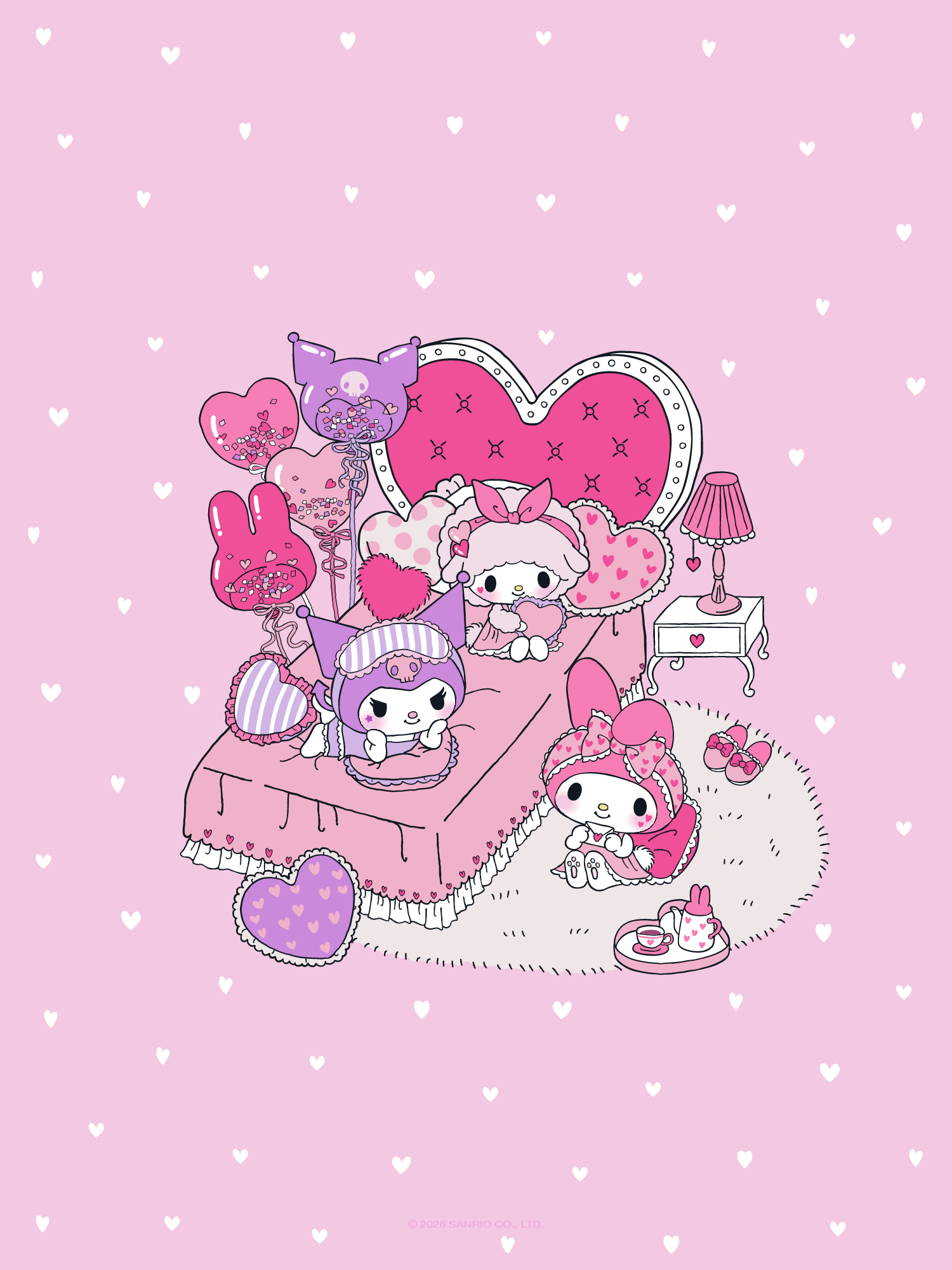My Sweet Piano, My Melody, & Kuromi Characters on a pink background with hearts.