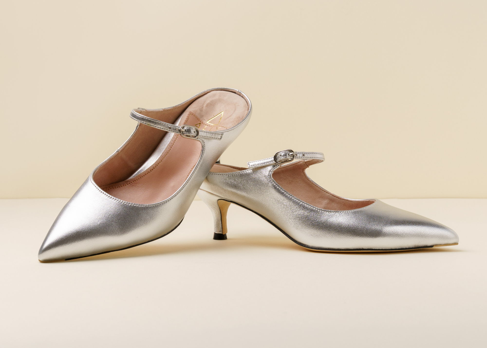 Silver pointed-toe slingback heels with a small heel.