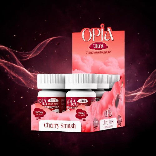 A display of Cherry Smash supplement bottles in a vibrant packaging.
