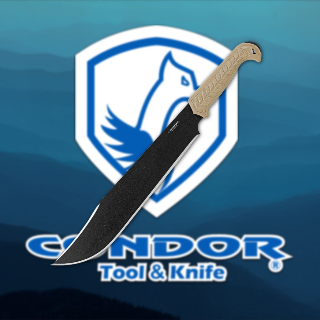 Knife with a black blade and a light-colored handle, over a logo background.