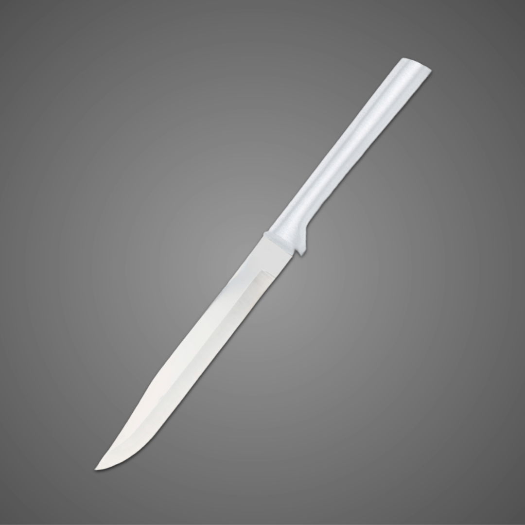 A silver knife with a white handle on a gray background.