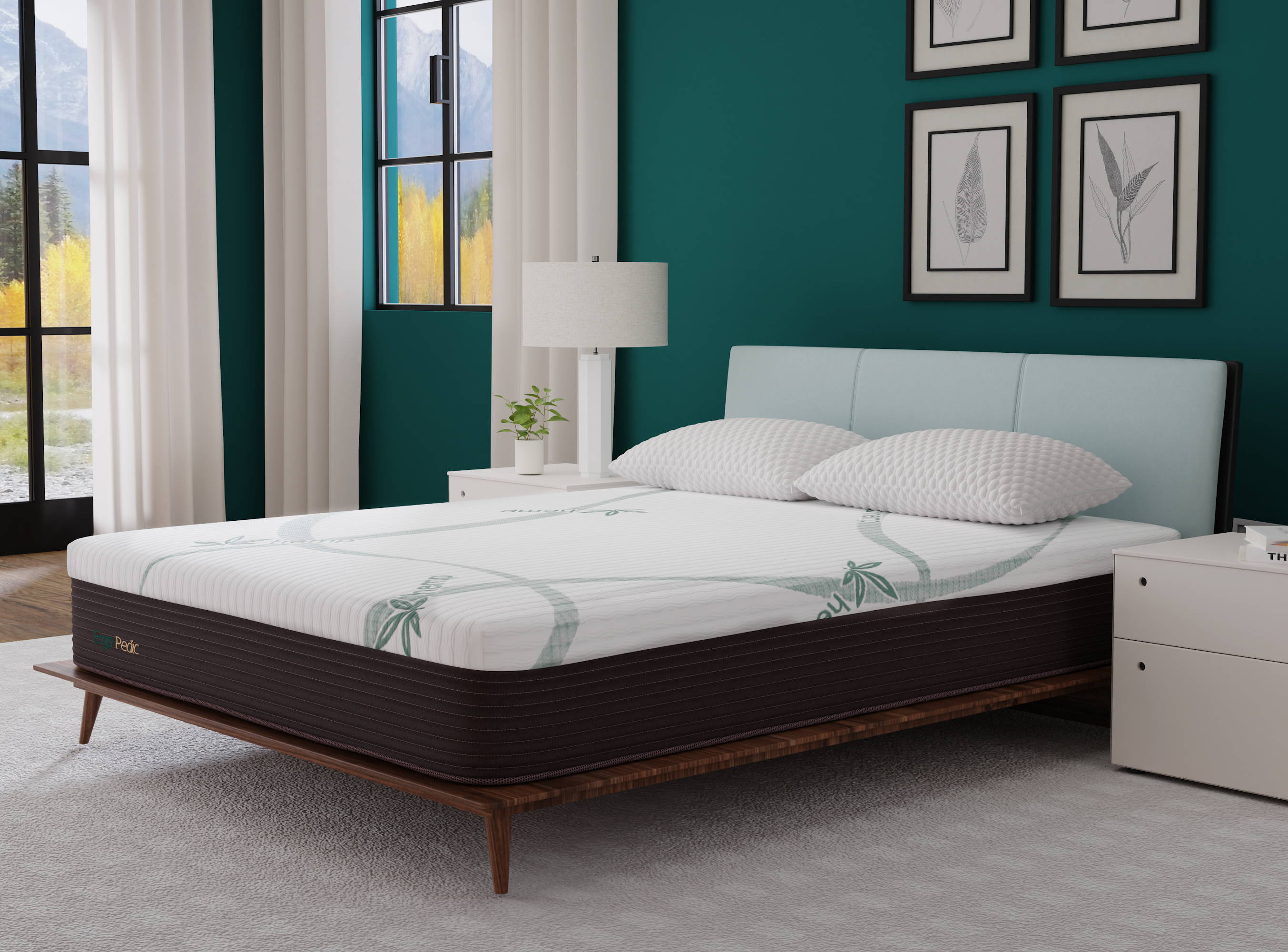 Calming CBD ZenCloud Original memory foam mattress in a bedroom on a platform bed with teal walls.