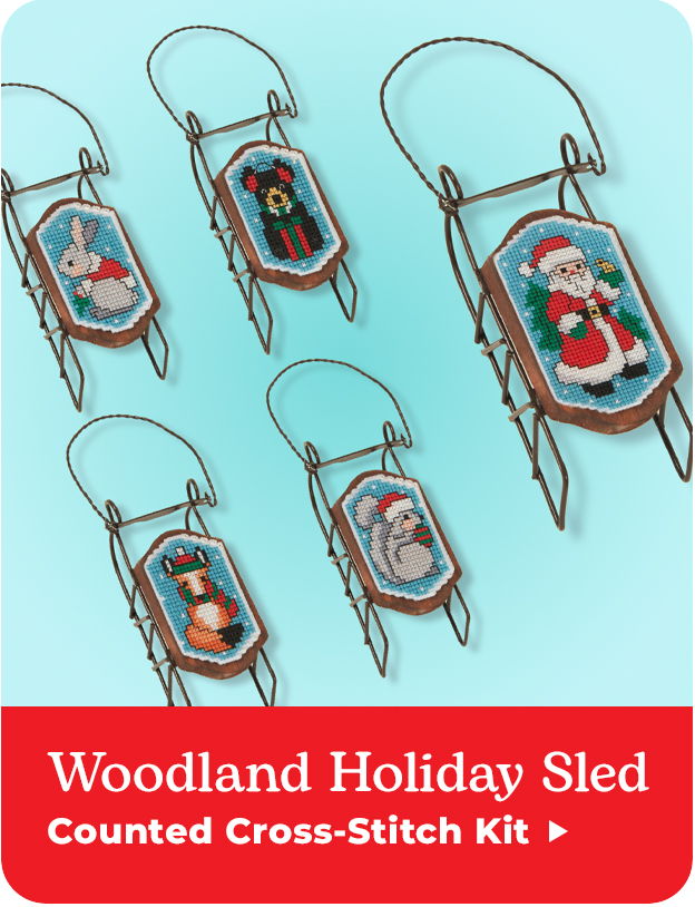 Woodland holiday sled cross-stitch kit with various animal designs. Woodland holiday sled with cross-stitch patterns of animals and Santa. Counted Cross-Stitch Kit.