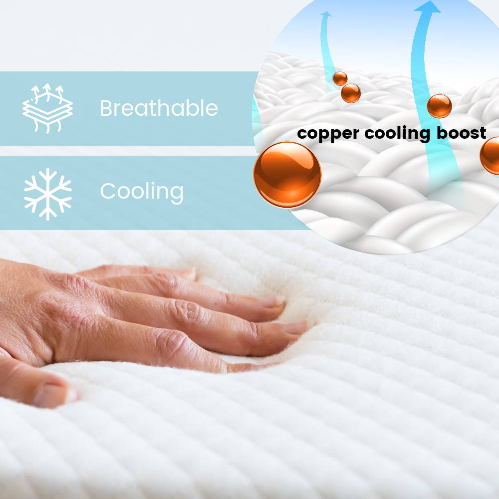 A hand pressing down on a CopperCloud Original memory foam mattress with breathable cooling copper-infused gel memory foam.